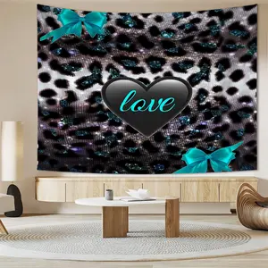 Young Girl Love Leopard Wall Tapestry | Glitter Leopard Print with Black Heart "Love" & Turquoise Satin Bows, Soft Easy‑Care Wall Hanging for Bedroom Living Room Dorm