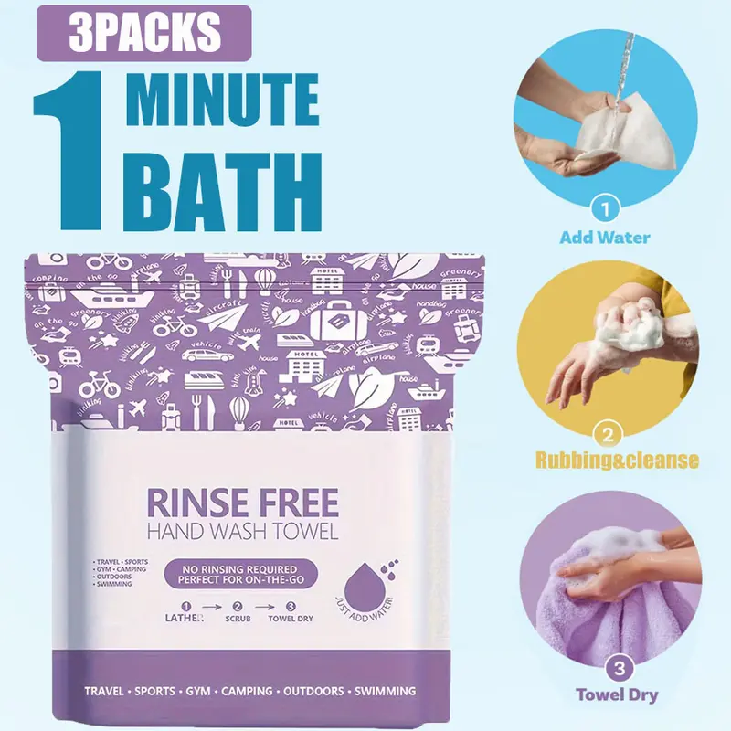 3PACKS Disposable no-rinse shower wipes，Bath Towel with built-in body wash, all-in-one shower towels. Simply wet, rub to lather, and wipe off the foam—no rinsing required. Quickly cleanse your body anytime, anywhere,30*30cm(11.8*11.8in)