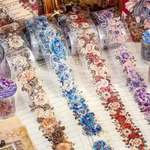 4 pieces single roll tape bronzing floral theme retro style DIY handbook decoration tape