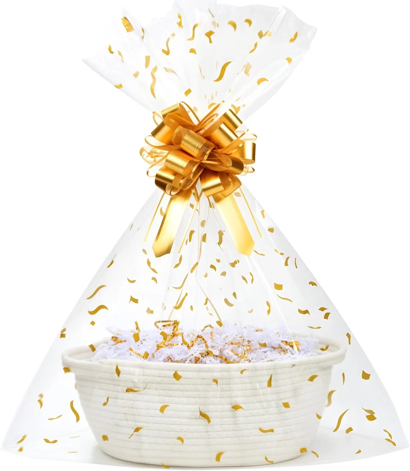 SUNCOLOR Small Woven Gift Basket Set with Cut Paper Shred Filler, Pull Bow & Cellophane Bag, 12x8x5 Inch Durable Cotton Rope Storage Basket for Easter, Baby Shower, Birthday, Holidays