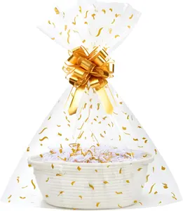 SUNCOLOR Small Woven Gift Basket Set with Cut Paper Shred Filler, Pull Bow & Cellophane Bag, 12x8x5 Inch Durable Cotton Rope Storage Basket for Easter, Baby Shower, Birthday, Holidays