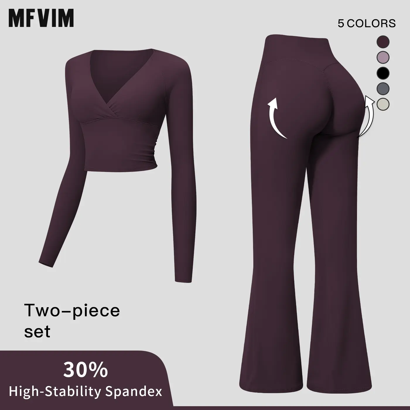 MFVIM Women’s Cross Deep V Long Sleeve Fitness Two-Piece Set – High-Waisted Slightly Flared Pants, Slimming Commuter Running Yoga Activewear Set,travel essentials,camping essentials