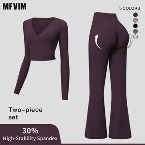 MFVIM Women’s Cross Deep V Long Sleeve Fitness Two-Piece Set – High-Waisted Slightly Flared Pants, Slimming Commuter Running Yoga Activewear Set