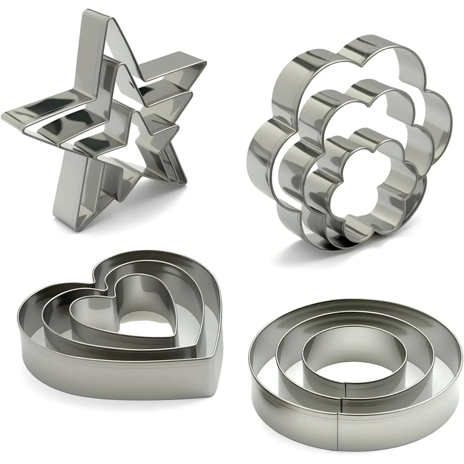 12Pcs Stainless Steel Cookie Cutters Set - Heart, Flower, Round, 5-Star Shapes, Small to Mini Sizes - Metal Kitchen Baking Utensils Molds for Baking, Holiday Party Decorations