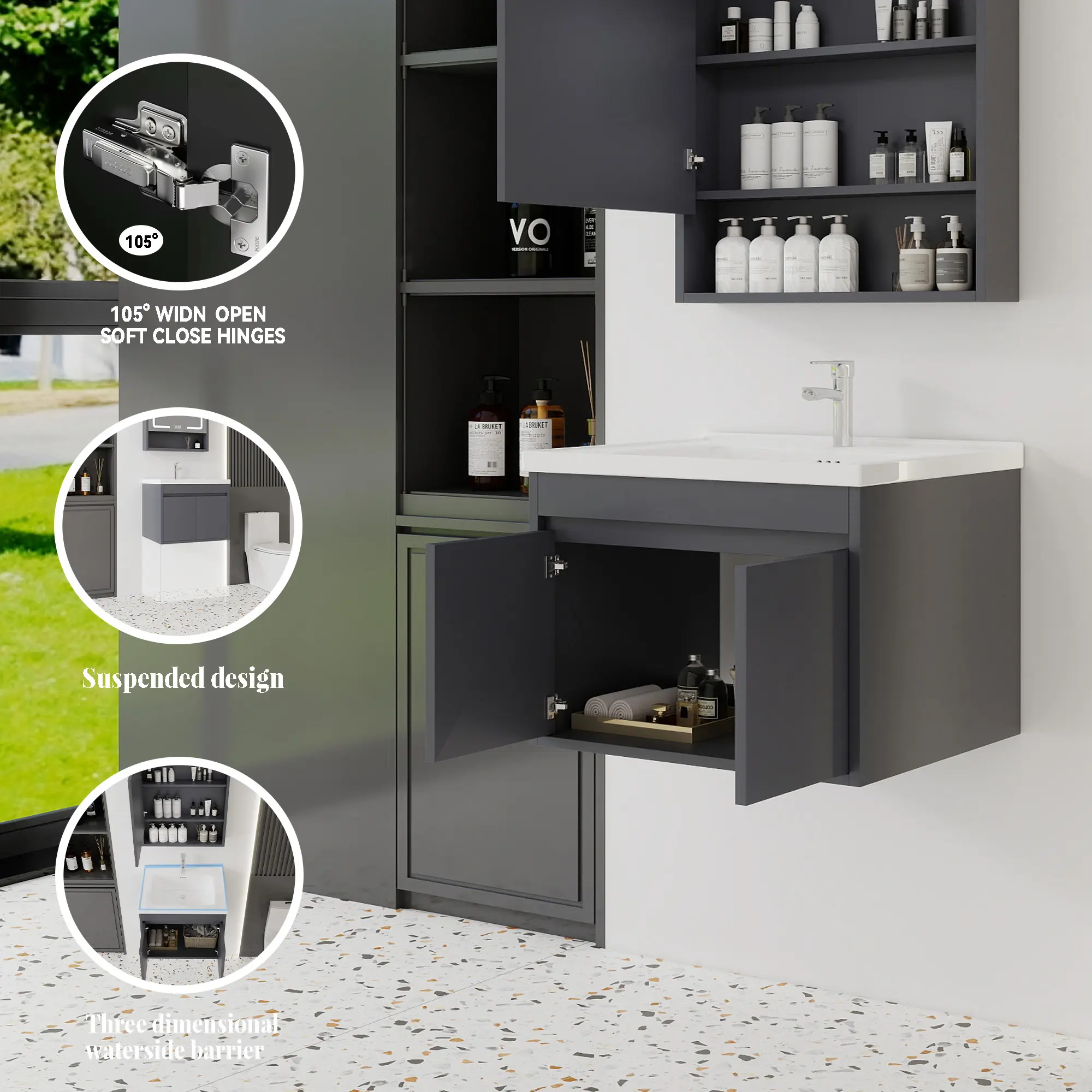24-Inch Modern Wall-Mount Floating Bathroom Vanity, Waterproof Plywood Cabinet with Integrated Ceramic Sink, Soft-Close Double Doors Storage for Small Spaces, Grey