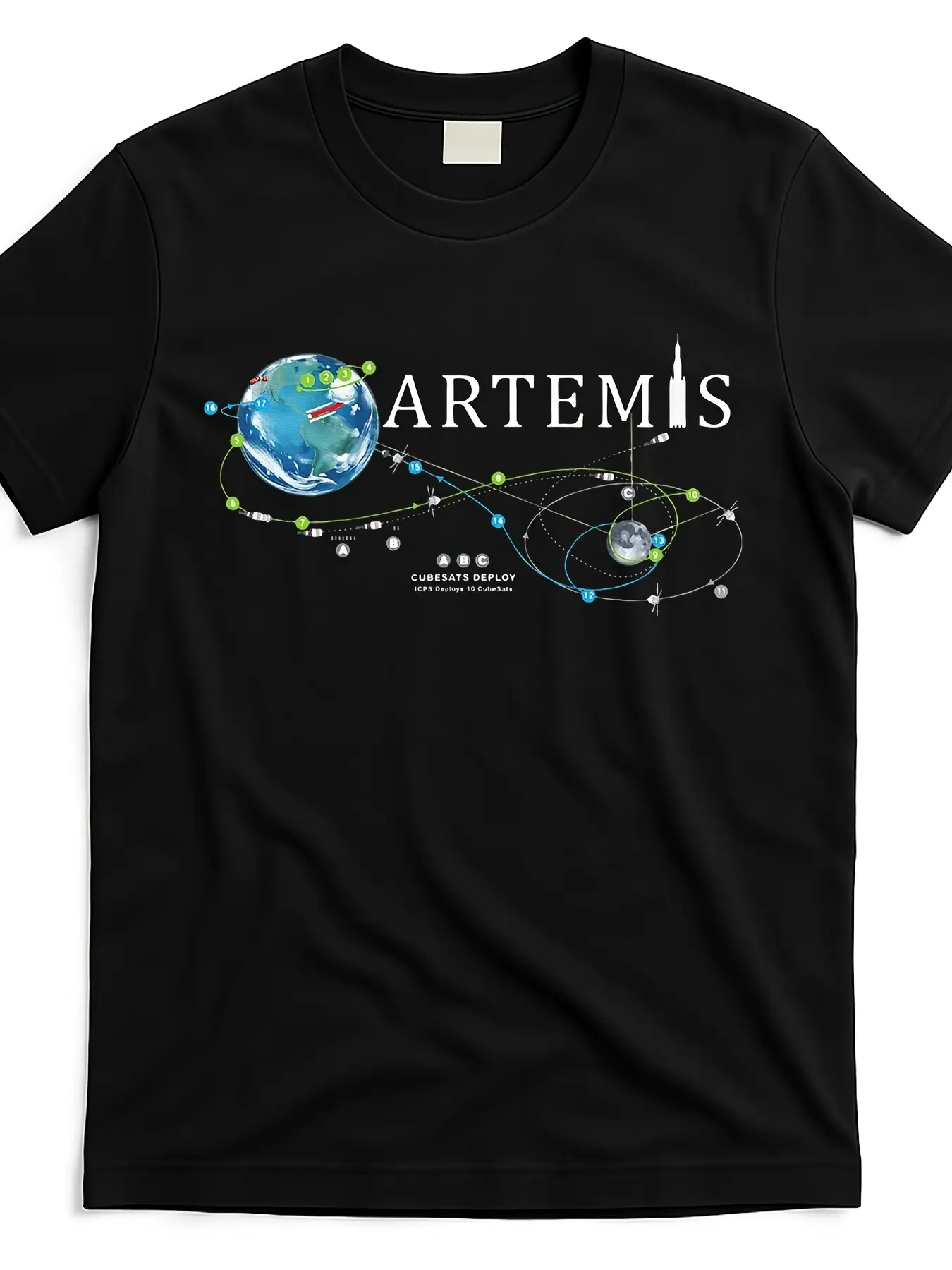 2026 Spring Summer Men's Short-Sleeve Cotton Round Neck Soft Tee Top, Breathable Casual Streetwear for NASA Enthusiasts, Artemis 1 Moon Mission Route & SLS Rocket Map Graphics, Shortsleeve, Tshirt