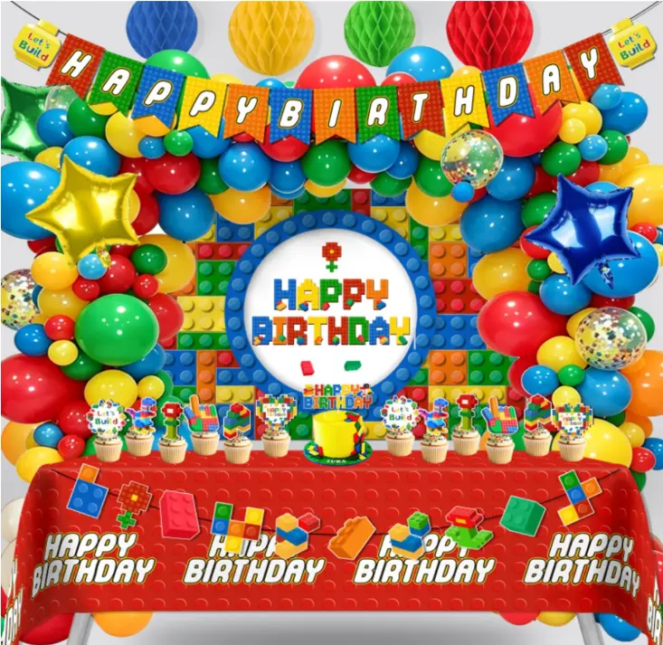 ALL-IN-1 Building Block Birthday Decorations, 124Pcs | Pre-strung Colorful Blocks Banner Happy Birthday Backdrop Cake Toppers Tablecloths Balloons Arch for Kids Birthday Party