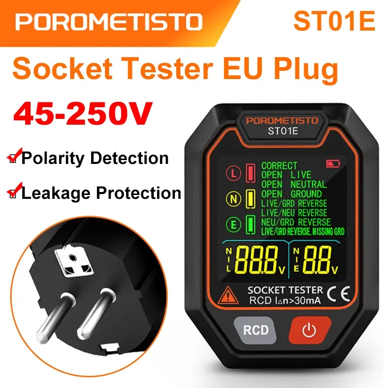 POROMETISTO ST01 Digital Socket Tester with Color Screen EU Circuit Checker RCD Socket Detector Data Hold Polarity Tester Outlet Tester Voltage Tester