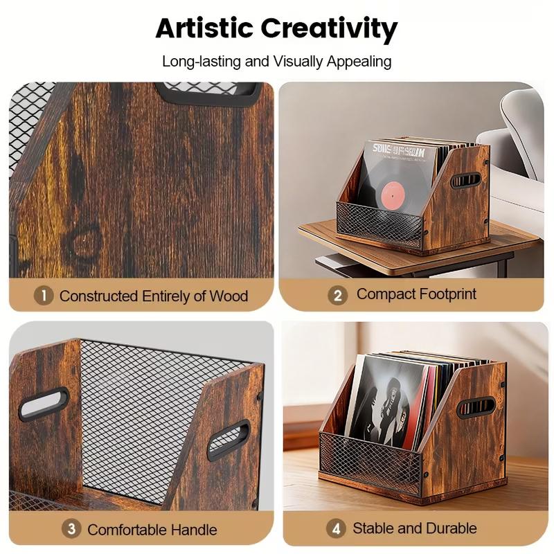 Wooden Vinyl Record Stand for Vinyl Storage, Holds Up to 60 LPs, Vintage Wood Design - Vertical Album Holder, Magazine & File Organizer for Desktop & Turntable Setup