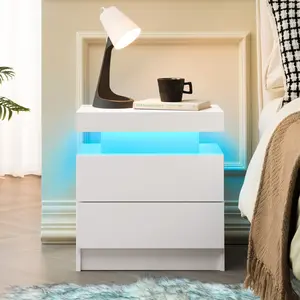 LED Nightstand with 2 Drawers, Modern White Bedside Table with Adjustable Multi-Color Lights, End Side Table with Open Storage for Bedroom & Living Room, Easy Assembly