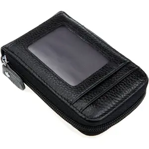 RFID Blocking Genuine Leather Mini Credit Card Case Organizer Compact Wallet with ID Window