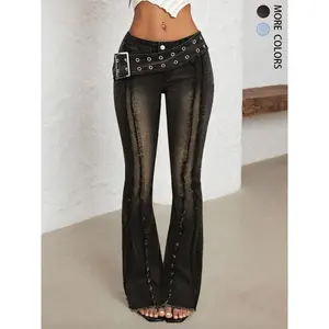 Women’s low-waist flared (bell-bottom) jeans with a large sun logo button detail and a perforated waistband; comfortable stretch denim; retro patched tassel wash; casual denim pants for everyday wear. GARMENTARY