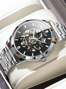 Men's Business Fashion Hollow Out Design Skeleton Mechanical Watch for Party, Daily Clothing Decor, Trendy All-match & Exquisite Watch for Birthday Gift with Box Mechanical Style Watches