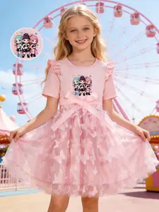 Girls' Cartoon Idol Group Print Butterfly Net Princess Dress, Elegant Summer Dress, Birthday Gift, Cute Bow Waist Belt
