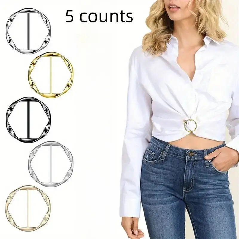 Metal Round Circle Clip Buckle, 5 Counts Modern Simple T-shirt Tie Clips for Women, Fashion Metal Round Circle Clip Buckle, Clothing Ring Wrap Holder