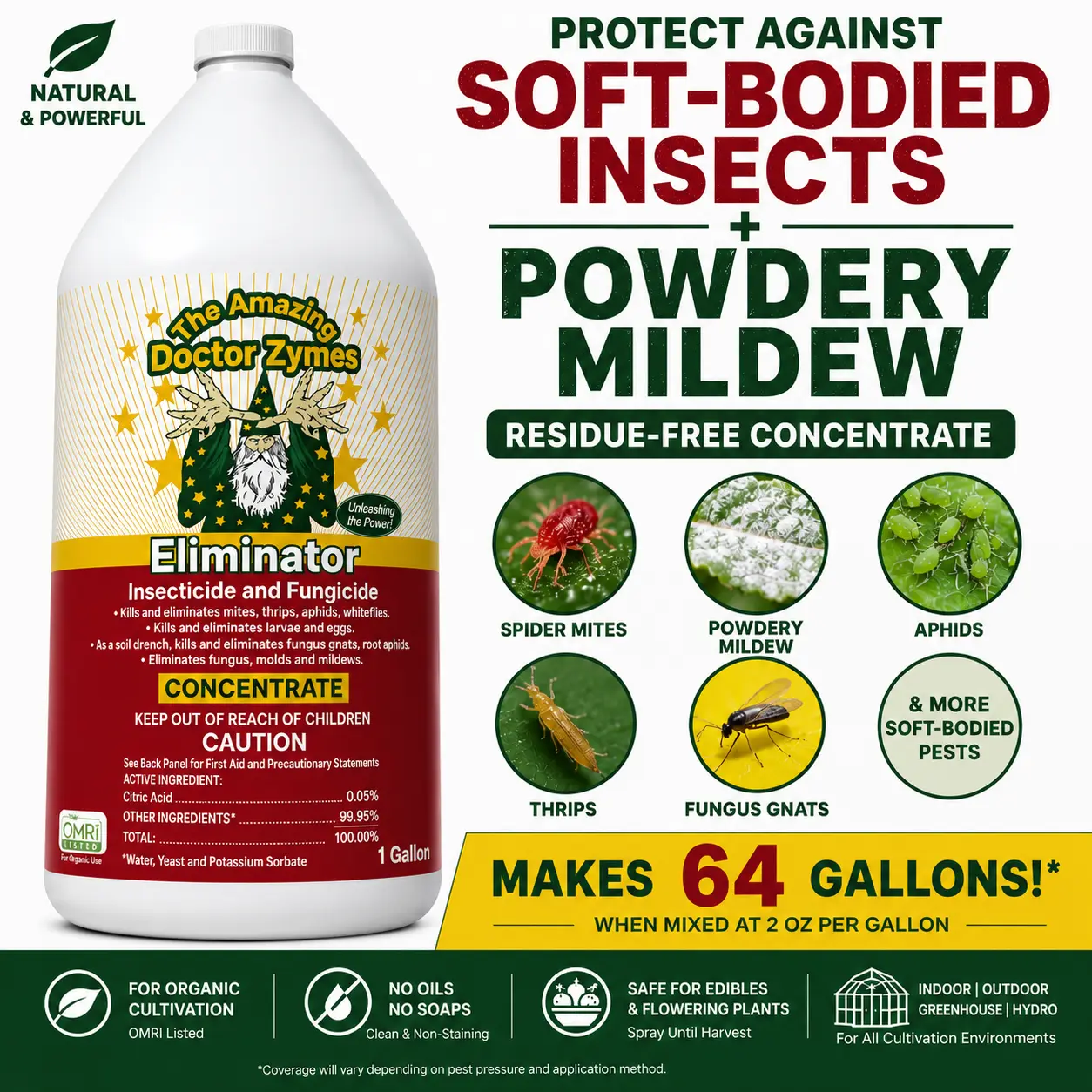 Doctor Zymes Eliminator Natural Garden Pest & Disease Control for Plants | Spider Mites Aphids Thrips Fungus Gnats Powdery Mildew Control | OMRI Listed | Enzyme Based | Safe Through Harvest | Residue Free Formula | Indoor Outdoor Garden Growing Solution