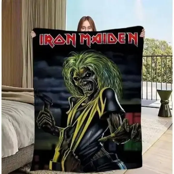 Iron Maiden Band Artwork Flannel Throw Blanket, Soft Warm Skin-Friendly Heavy Metal Fleece, Rock Music Decor for Bed Sofa Couch Man Cave, Unique Birthday Christmas Gift For Metalhead Fans
