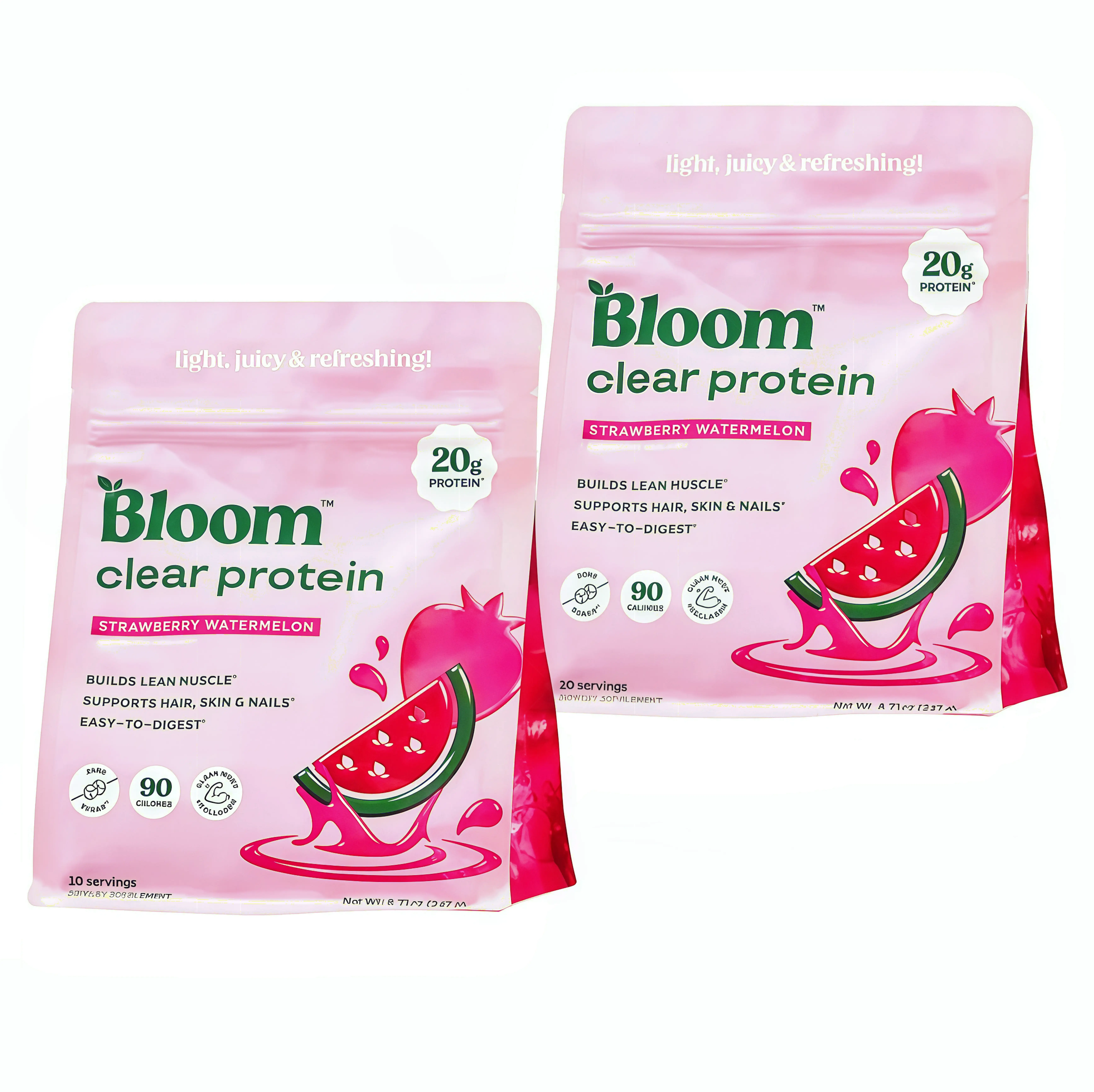 2 Piece Bloom Nutrition Clear Protein Powder, FL Strawberry Watermelon Flavor, 20g Whey Collagen Protein, Zero Sugar,90 Calories, 10 Servings