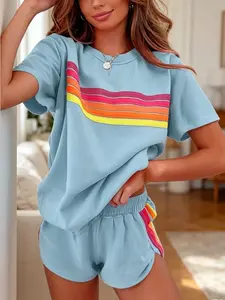 Two-piece women's fashion casual sportswear set, loose and slim-fit with rainbow striped design, perfect for summer, vacations, indoor, and outdoor wear, Womenswear