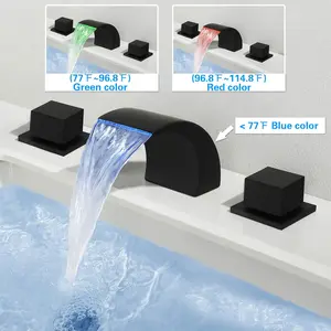 Matte Black Waterfall Bathroom Faucet, LED 8 Inch Widespread Bathroom Faucet 3 Hole, Modern Waterfall Vanity Sink Faucets with 2 Knobs