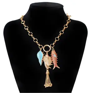 Turquoise Conch Shell & Fancy Goldfish Charm Necklace with Dangling Gold Chain Tassle • Daily Wear • Female • Auspicious • Birthday