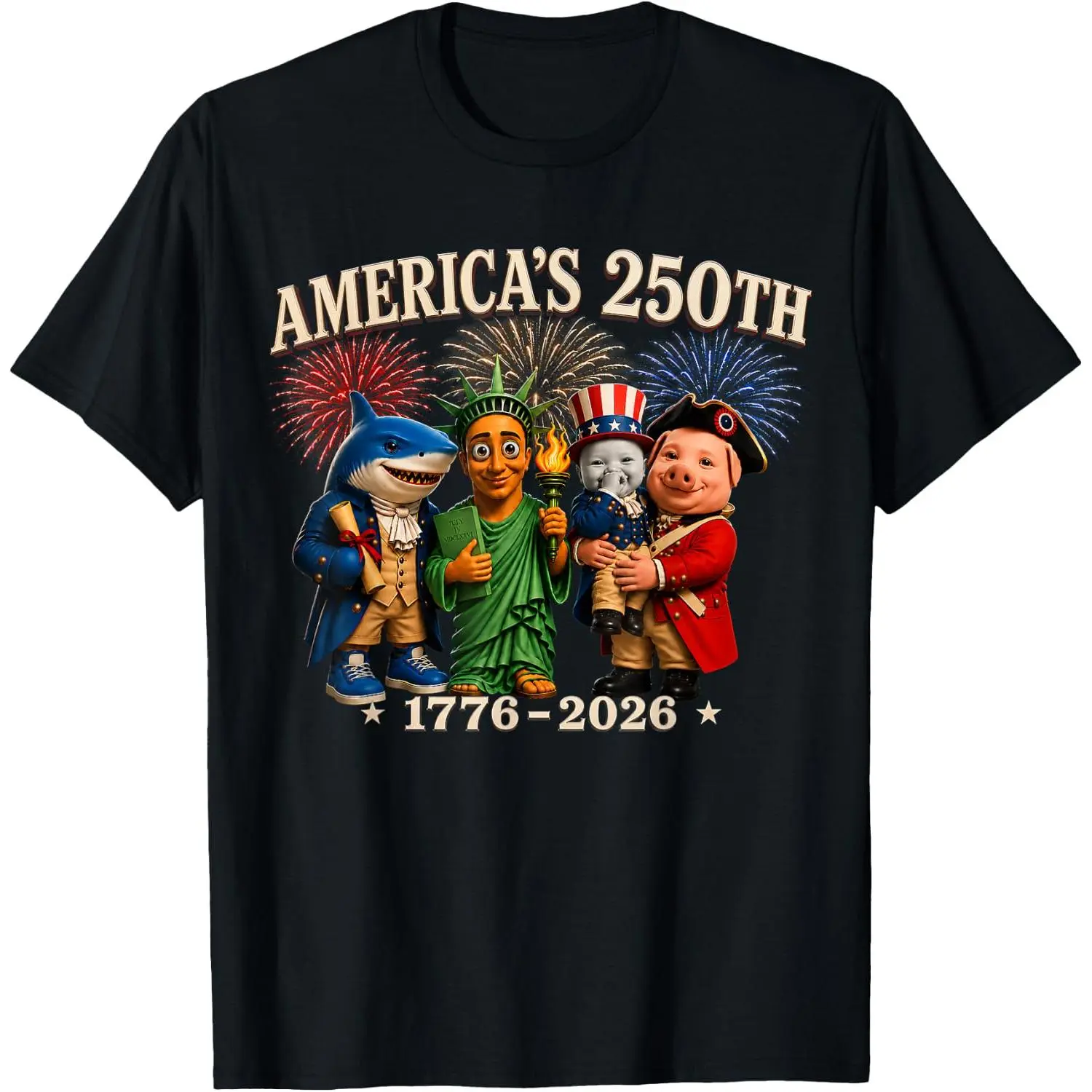 USA 250th Anniversary 4th July Graphic Tee - Oversized Cotton Sports Top, Round Neck, Casual Wear, 1-of-a-Kind Tee, Graphic Print, All Seasons, Soft Natural Fabric, Fade Resistant, Tung Sahur/John Pork/AI Baby Designs, Cold Wash, Check Size Chart, Oversiz