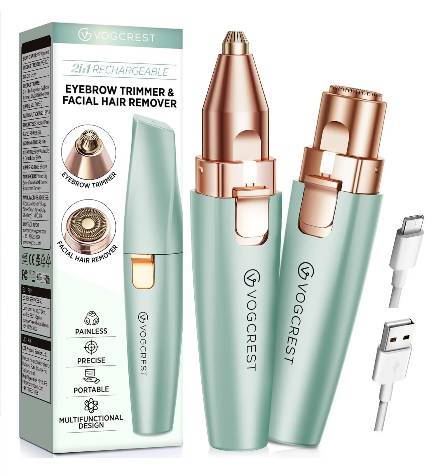 VG VOGCREST 2-in-1 Rechargeable Facial & Eyebrow Trimmer – Painless Razor with LED Light for Face, Lips & Body (Pastel Green)