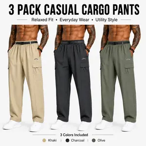 3-pack men’s loose straight cargo pants with elastic waistband, includes belt; lightweight utility pants—ideal for outdoor activities, casual wear, travel, and commuting.