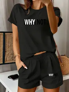 Women's Round Neck Short Sleeve Shorts Set Outfit, Spring Summer New Pattern Print Letter Print Casual Style, Daily Home Leisure Outdoors