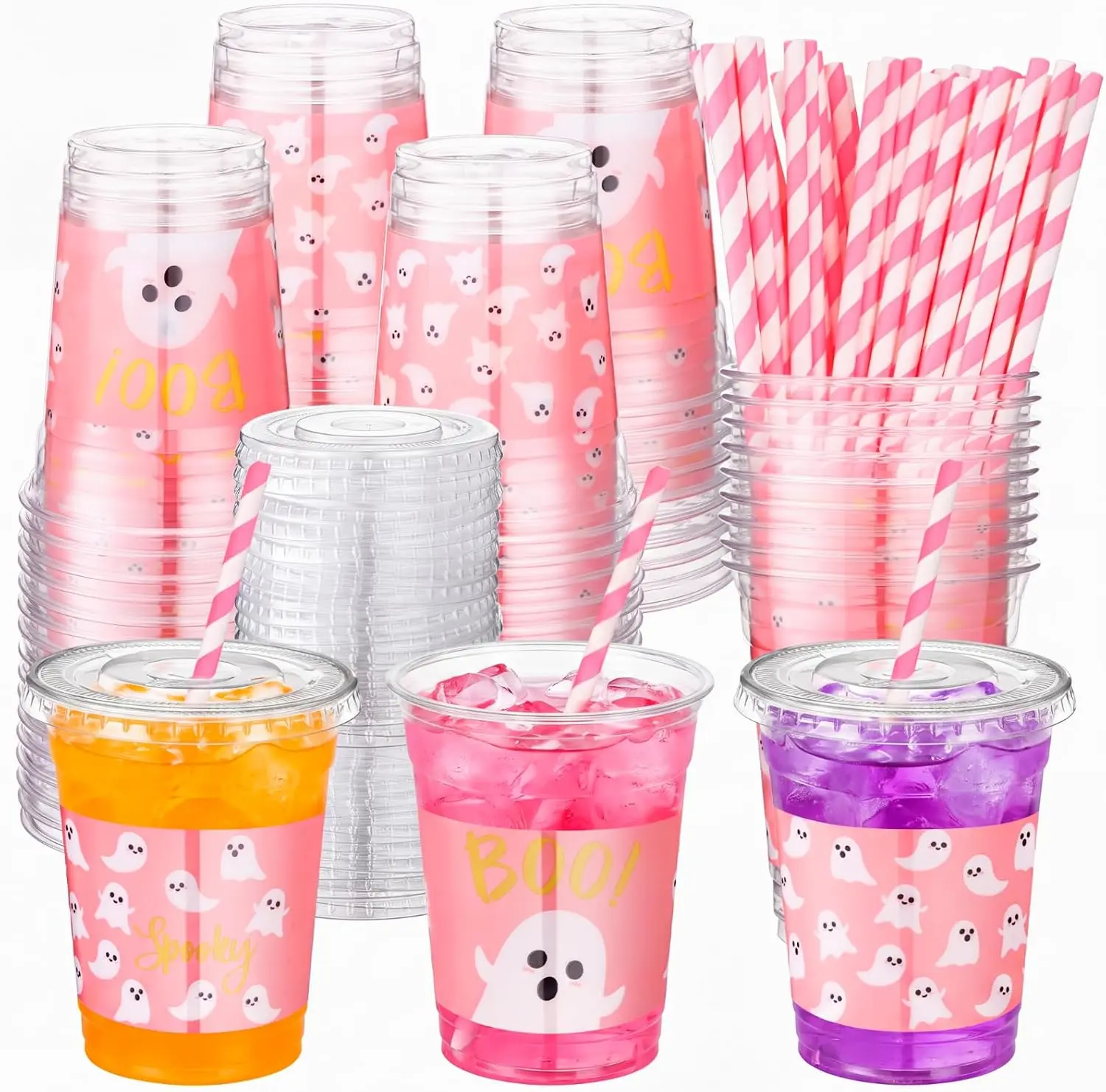 50 Pcs Pink Halloween Ghost Cups with Lids & Straws, 12 Oz Clear Plastic Party Cups, Cute Ghost Disposable Drink Cups for Halloween Parties & Baby Showers