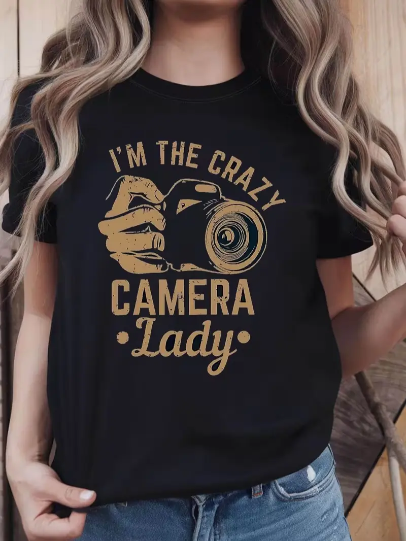 Women's Short-Sleeve Crew-Neck Comfortable Fabric "Crazy Camera Lady Photographer" Graphic Print T-Shirt - Everyday Garment for Spring-Summer Casual Wear, Holiday Gift, Shortsleeve