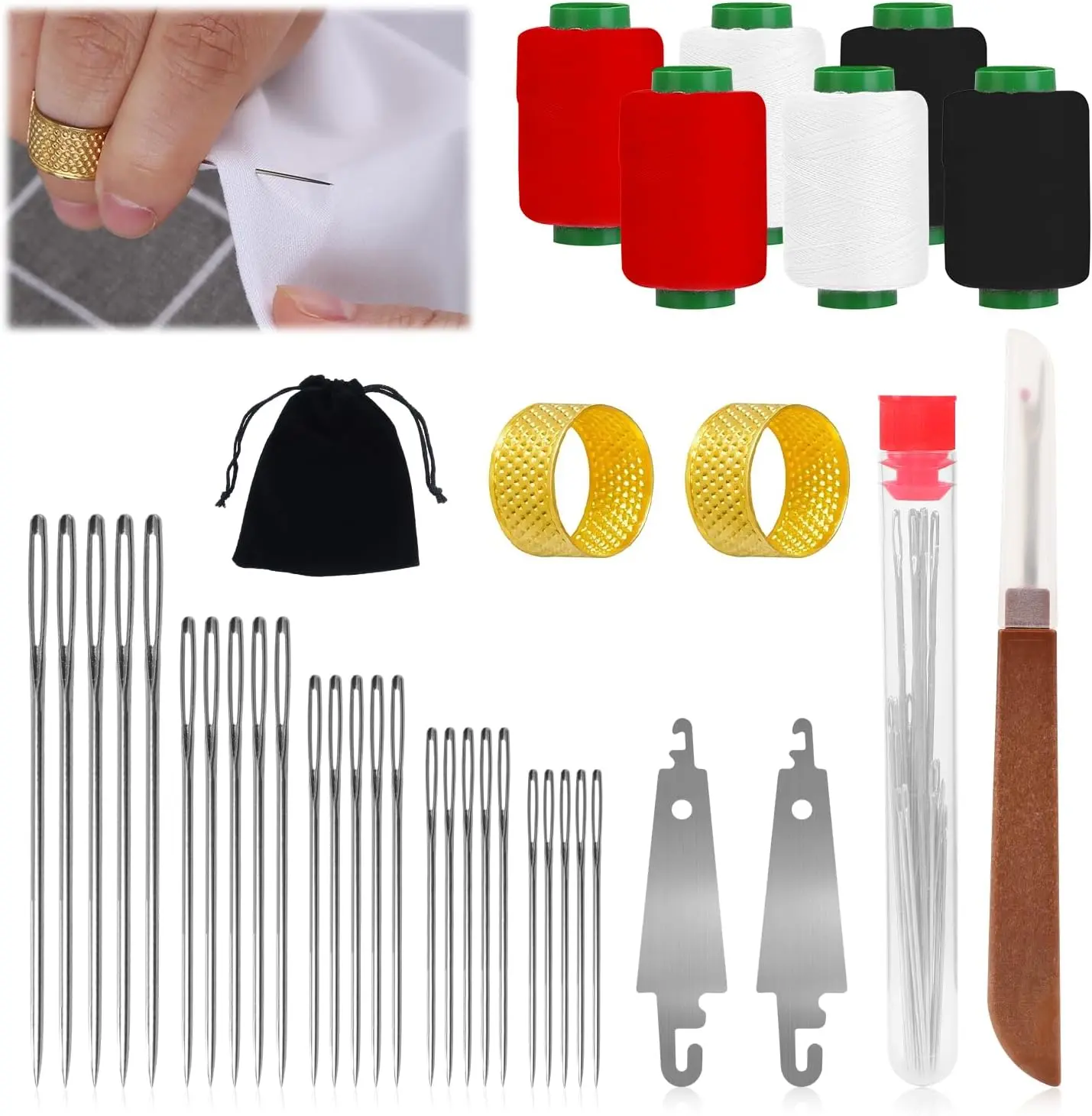 Hosenwelt 37PCS Beginner-Friendly Sewing Supplies Crafts Kit - 25 Needles, 3 Thread Rolls, Needle Threading Aid, Thread Remover for Daily Repair & Professional Use (Sewing Baskets Essential), Needle Threading Aid Sewing Baskets
