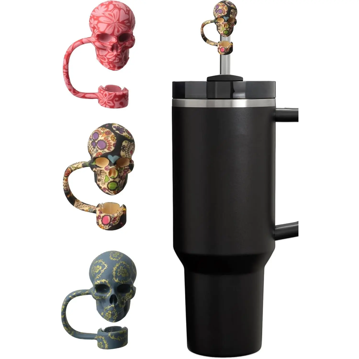 Skull Straw Cover Cap for Halloween Stanley Cup - 3 Pcs Silicone Toppers Cool 10mm Accessories Day of the Dead Gift Boys
