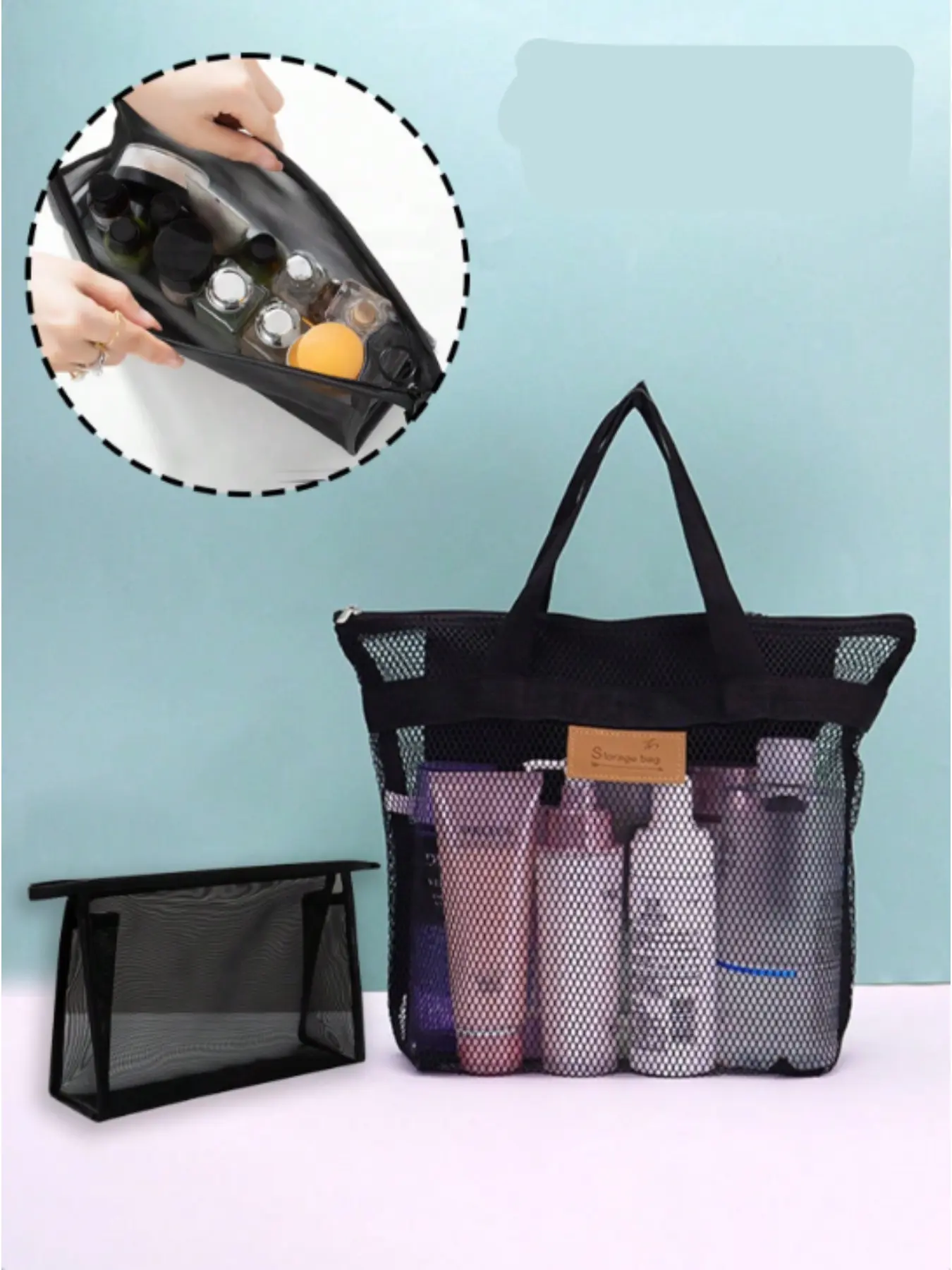 Portable Zipper Beach Handbag and Mesh Makeup Bag, Mesh Shower Storage Bag, Portable Hanging Toilet and Bathroom Storage Bag, Toilet Travel Bag, Cosmetics Storage Bag, Beach Bag, Travel Toiletry Bag, Travel Bag For Toiletries