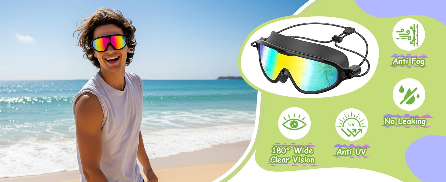 Aegend Swim Goggles - Bungee Strap, No Leaking, Anti-Fog, Quick-Adjust Swimming Goggles for Youth and Adults