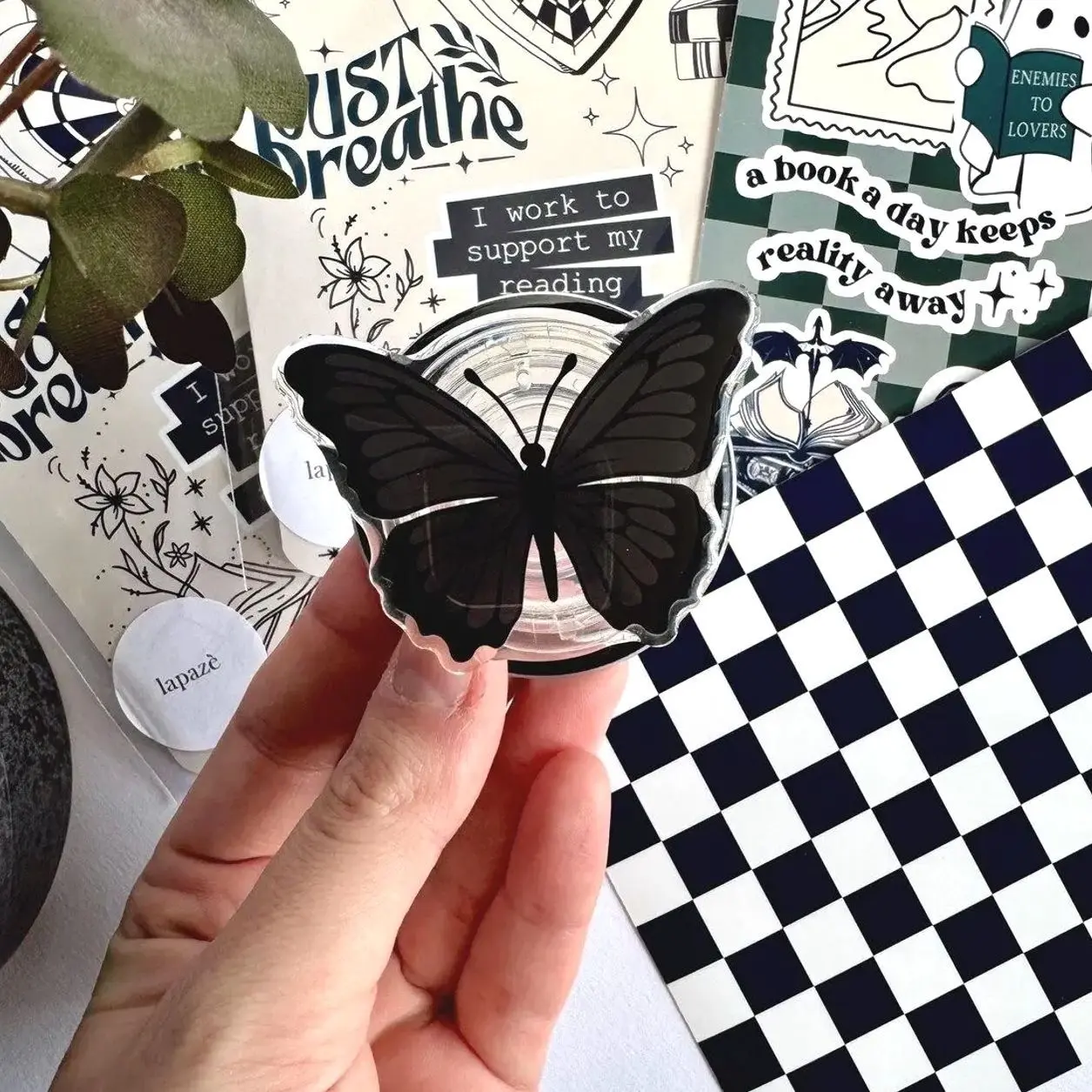 Black Butterfly MagSafe Phone Grip, Bookish Aesthetic Kindle Holder, Gothic Butterfly Magnetic Stand, Dark Academia Phone Accessory Gift