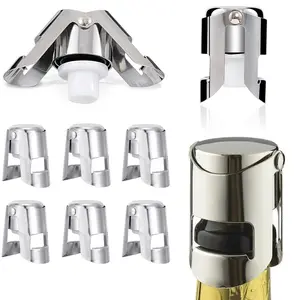 6 Pcs Stainless Steel Champagne Stopper Reusable Bottle Sealer Wine Corker Champagne Cork Stopper with a Built in Sealing Plug Compact Saver Plug for Cava Prosecco