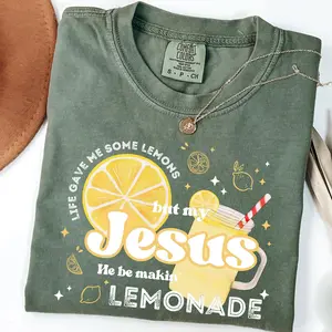 Women's BojjiCo "Life Gave Me Lemons Jesus Makes Lemonade" Graphic T-Shirt - Casual Round Neck Soft Cotton Ribbed Short-Sleeve Christian Faith Apparel Piece, Retro Preppy Vintage Blue Streetwear Top, Summer Style Gift for Her