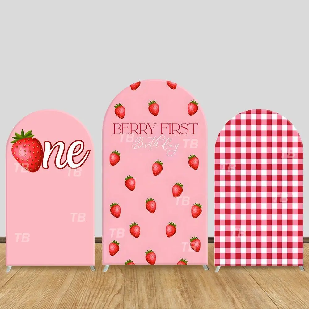 Strawberry Arch Backdrop Cover Pink Theme Decor,Festive Photo Booth Props for Kids’ 1st Birthday Party, Sweet Style Supplies