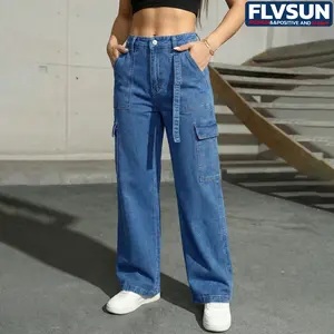 FLVSUN Women's Cargo Pants LOW Waisted Baggy Cargo Jeans Straight Leg Y2K Streetwear Trousers 6 Pockets for Women Teen Girl Womenswear Bottom Womenswear Bottom Denim Maternity Basic Minimalist, Button