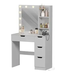 Garvee Makeup Vanity Desk with Mirror and Lights, 3 Lighting Mode, Makeup Table with Drawers, Open Shelves & Power Outlets, Modern Makeup Dressing Table for Bedroom