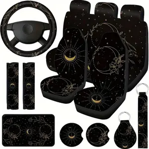 Moon & Star Pattern Car Seat Cover Full Set, Car Seat Protector & Steering Wheel Cover & Seat Belt Shoulder Pad & Cup Pad & Armrest Pad, Car Interior Accessories, Car Interior Kit