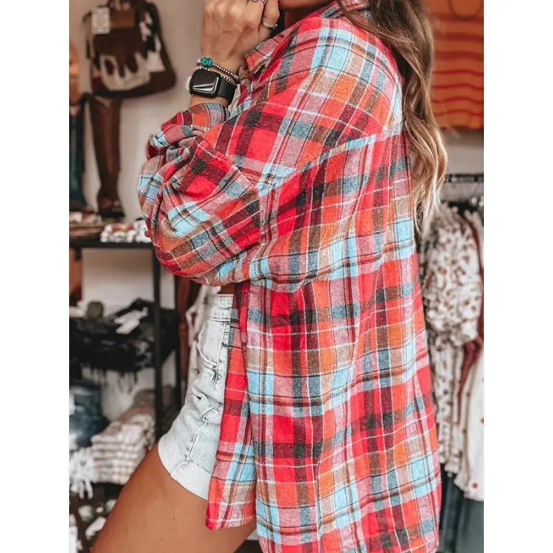 Casual Plaid Flannel Shirt Women - 100% Polyester, Classic Lapel Collar, Long Shirt Sleeves, Woven Button-Down with Front Pocket, Regular Length - Versatile All-Season Top