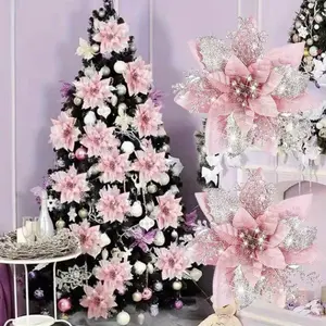 20pcs Set of Shiny Christmas Tree Decorations: Poinsettia Artificial Holiday Flowers with Clips, Bougainvillea Ornaments for Christmas, New Year, or Wedding Party Ribbons, DIY Circular Decorations with Sparkling Effect, Perfect for Christma