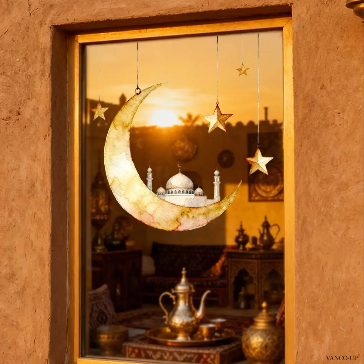 A (30*30cm) Ramadan crescent moon and star 2D flat windows sticker, static glass sticker for window holiday decoration E21317-NC