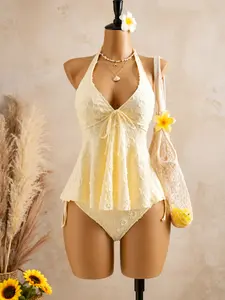 Womens Peplum Halter Tankini Set, Slimming Tummy Control High Waisted Swimsuits 2 Piece, Soft Creamy Hue