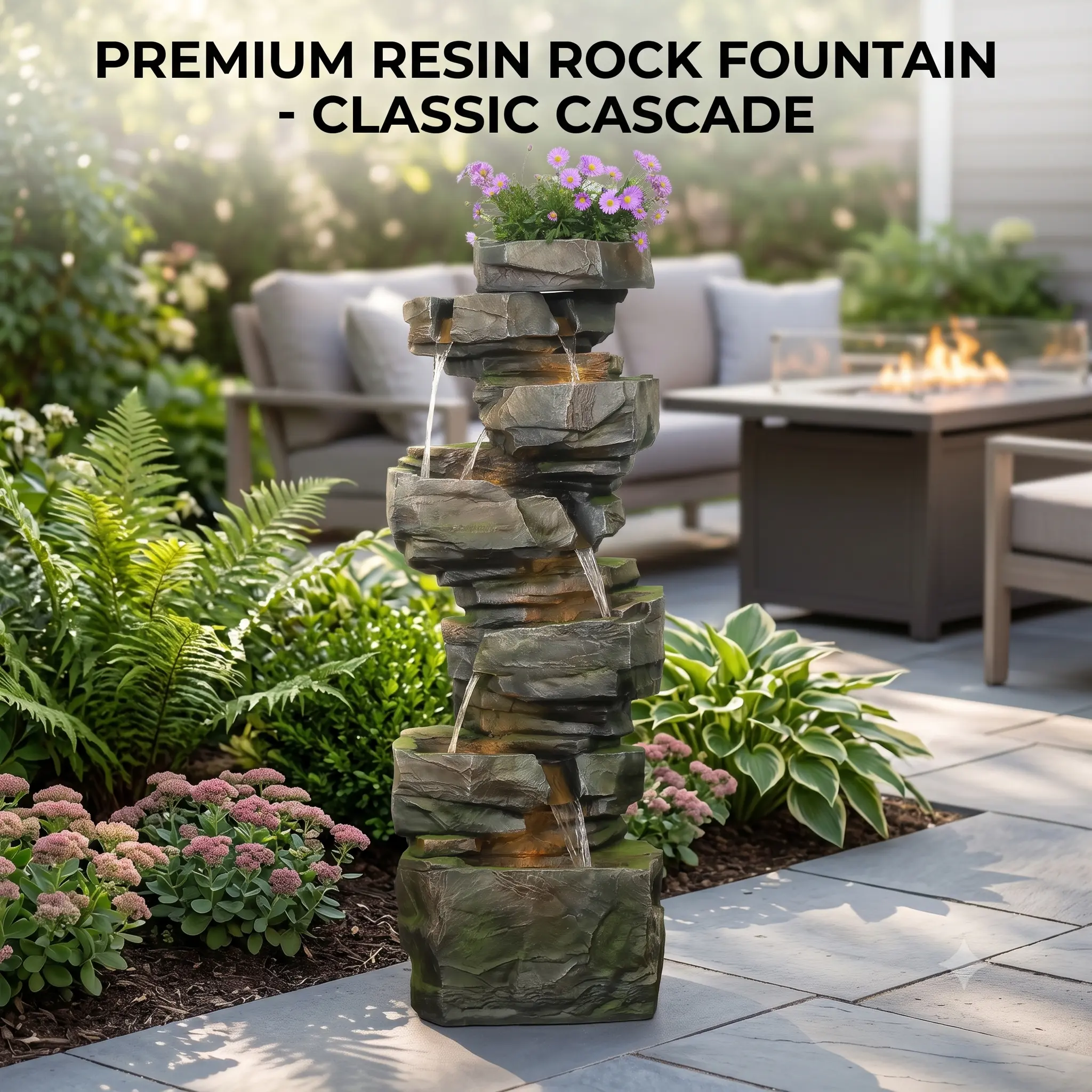 Tankana 7-Tier Majestic Rock Waterfall Fountain - 48in Tall Premium Heavy-Duty Resin, 5 LED Lights, Outdoor Patio Landscaping Decor, Glam Backyard Oasis Garden Planter Home Decor Statue Accessory