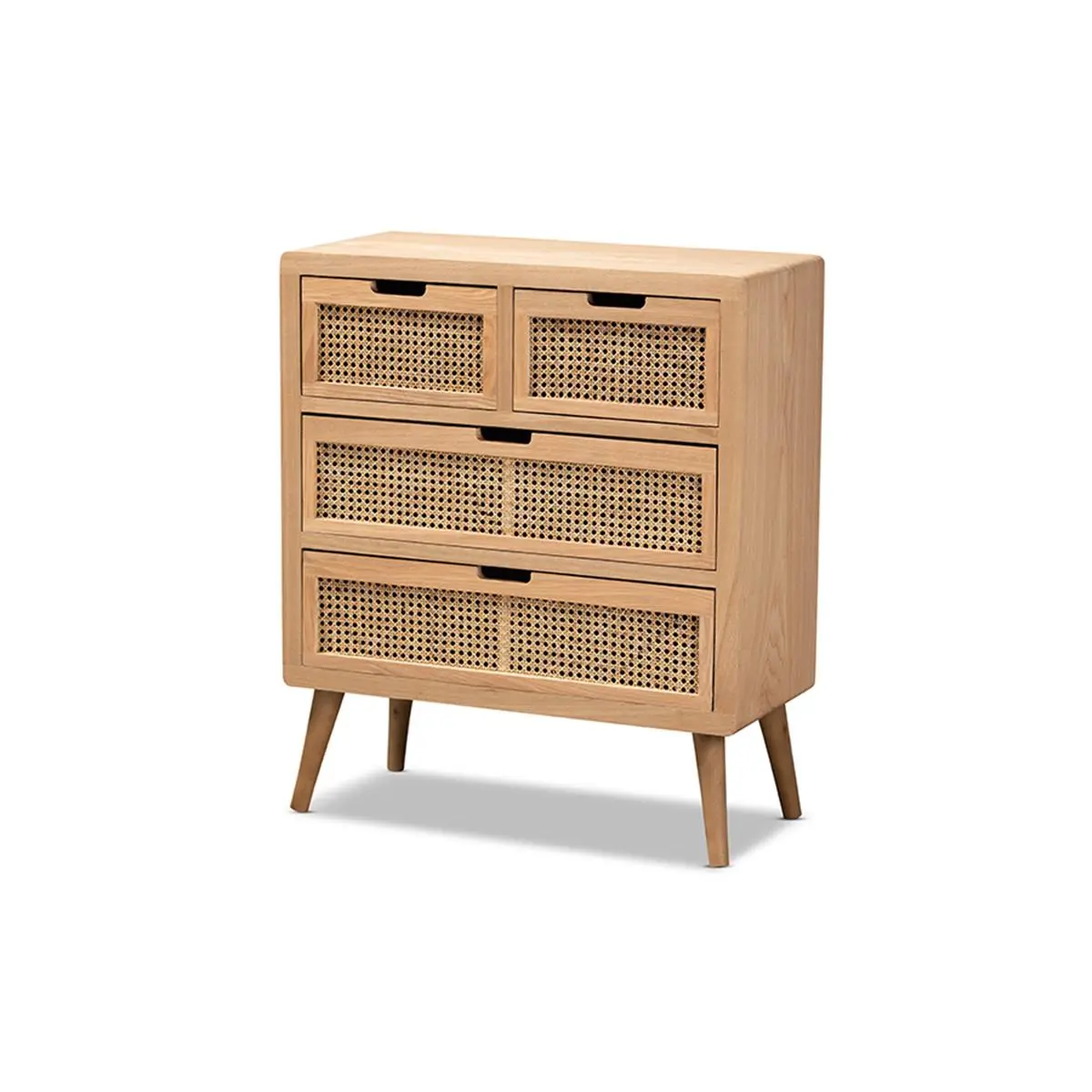 212 MAIN Alina Mid-Century Modern 4-Drawer Accent Chest - Wood & Rattan Weave Construction, Medium Oak Stylish Finish, Angled Legs, 4-Drawer Storage, Four Drawers