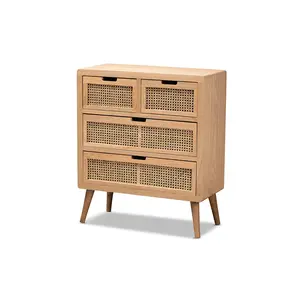 212 MAIN Alina Mid-Century Modern 4-Drawer Accent Chest - Wood & Rattan Weave Construction, Medium Oak Stylish Finish, Angled Legs, 4-Drawer Storage, Four Drawers