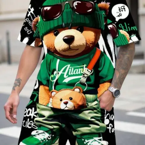 Men's Cartoon Teddy Bear Print T-Shirt and Shorts Set, Casual Matching Set, Fitted Short Sleeve Top, Knee-Length Bottoms, Summer Wear, Casual Clothing Set